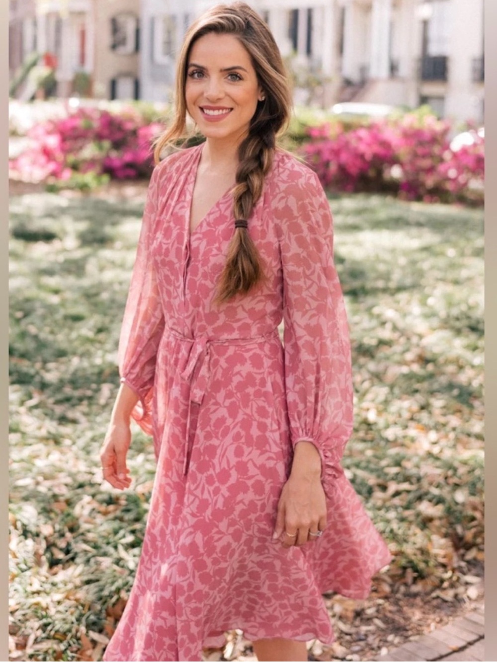 Gal Meets Glam Esther Rose Pink Floral Wrap A-line Midi Dress w/ Balloon Sleeves